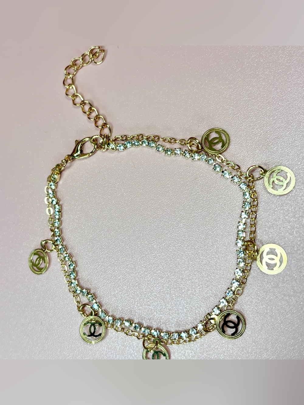 Delicate Gold-Tone Charm Anklet with Clear Crystal Accents - Picture 2 of 3
